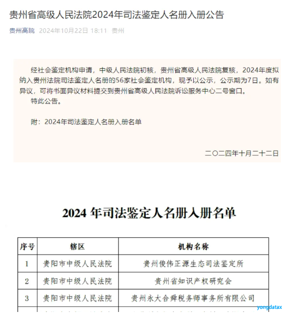贵州永大合舜税务师事务所有限公司成功申请成为贵州法院司法鉴定人名册中的社会鉴定机构